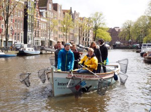The Interface boat, made from plastic waste, is being used daily to scoop litter out of the canals of Amsterdam