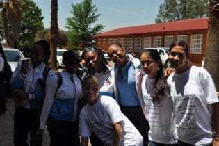 Pupils at M H Joosub high school in Lenasia share their excitement with members of Knight Piesold Consulting. Picture: Lloyd Lynch.