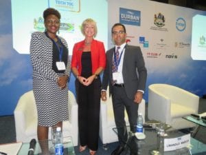 Lwandile Mabuza, Senior Operations Manager for Transnet National Ports Authority’s (TNPA) Port of Durban's Point and Leisure Precinct, Rachael White, Conference Editor of TOC Events Worldwide and Hariesh Manaadiar, Editor of Shipping and Freight Resource, at the Tech TOC session at TOC Africa 2017, where Mabuza and Manaadiar shared their insights on Skills and Talent Development in African Ports.