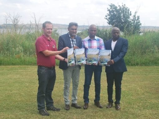 Dr. Wynand Malherbe (University of North West), Dhesigen Naidoo (CEO: Water Research Commission), Councillor Mike Mkhari (MMC: Environment and Agriculture) and Mr. Edward Netshithothole (Department of Environmental Affairs)