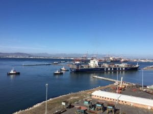 The bow of CMA CGM SAMSON struck bottom at the entrance to the Cape Town Container Terminal, while the stern remained afloat.