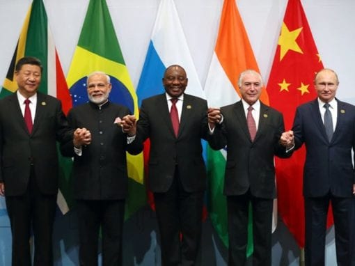 China's President Xi Jinping, Indian Prime Minister Narendra Modi, President Cyril Ramaphosa, Brazil's President Michel Temer and Russia's President Vladimir Putin pose for a group picture at the BRICS summit meeting in Sandton on July 26, 2018. Image: REUTERS/Mike Hutchings