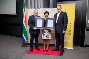 Averda South Africa walked away with four category wins at the recent PMR business excellence awards. At the awards ceremony as from left: Averda Managing Director Johan van den Berg, Sustainability Head Brindha Roberts and Operations Director Hein van Waveren. Picture: Supplied