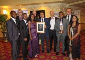 Bongani Mthombeni-Möller (Strategic Business Development Executive) and Arijit Mookerjee (Finance Director Africa) seen holding the certificate, CEO Kostas Rontiris and Kresen Manicum (Regional Manager, KZN), seen holding the trophy.