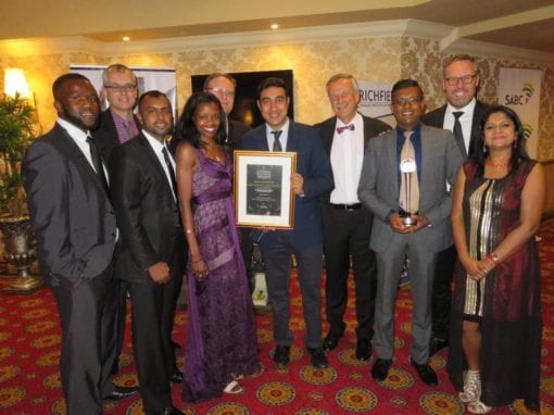 Bongani Mthombeni-Möller (Strategic Business Development Executive) and Arijit Mookerjee (Finance Director Africa) seen holding the certificate, CEO Kostas Rontiris and Kresen Manicum (Regional Manager, KZN), seen holding the trophy.