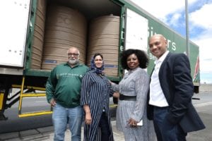 Bader Kazi from Gift of the Givers received 100 JoJo tanks from Engen CSI Manager Adhila Hamdulay, Head of Tranformation Unathi Njokweni Magida and Retail GM Seelan Naidoo to assist the drought stricken Makhanda community