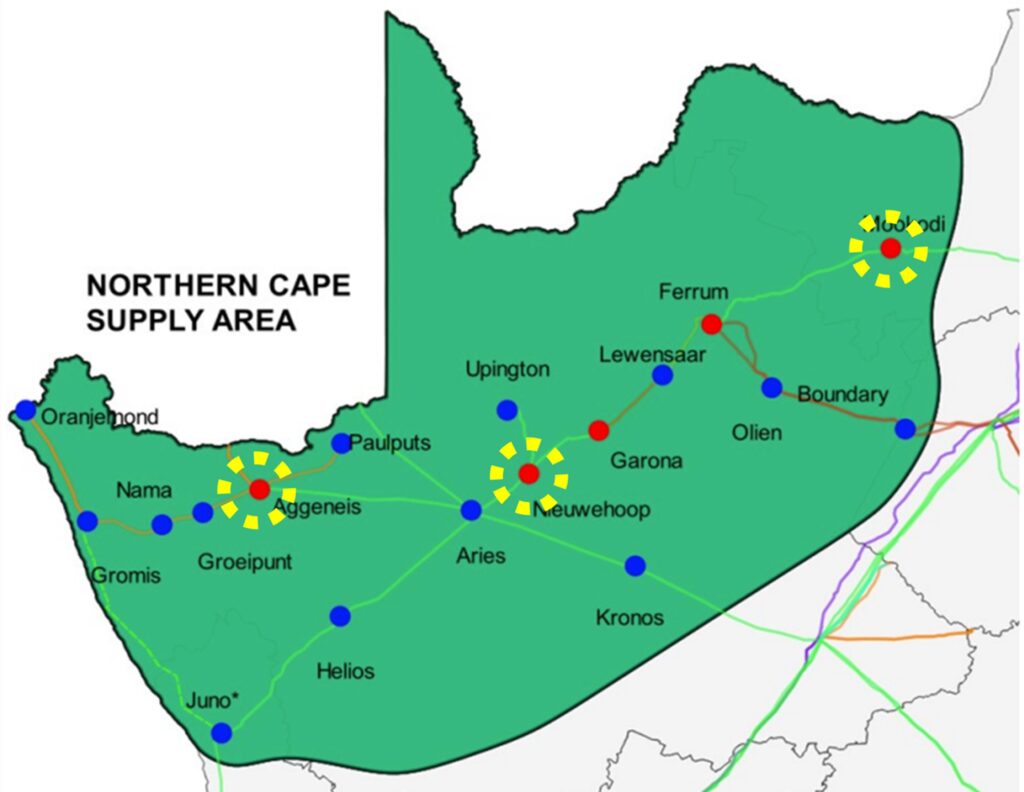 The location of the three Oasis 1 battery storage projects, as indicated in yellow, in the Northern Cape supply area