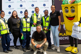 Students from Alta du Toit who will be participating in the recycling programmes at the school, posing with members of the Polyco team.