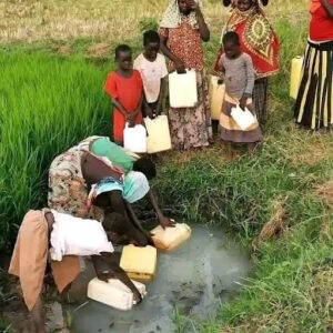 Children wade into a stream to fetch water.