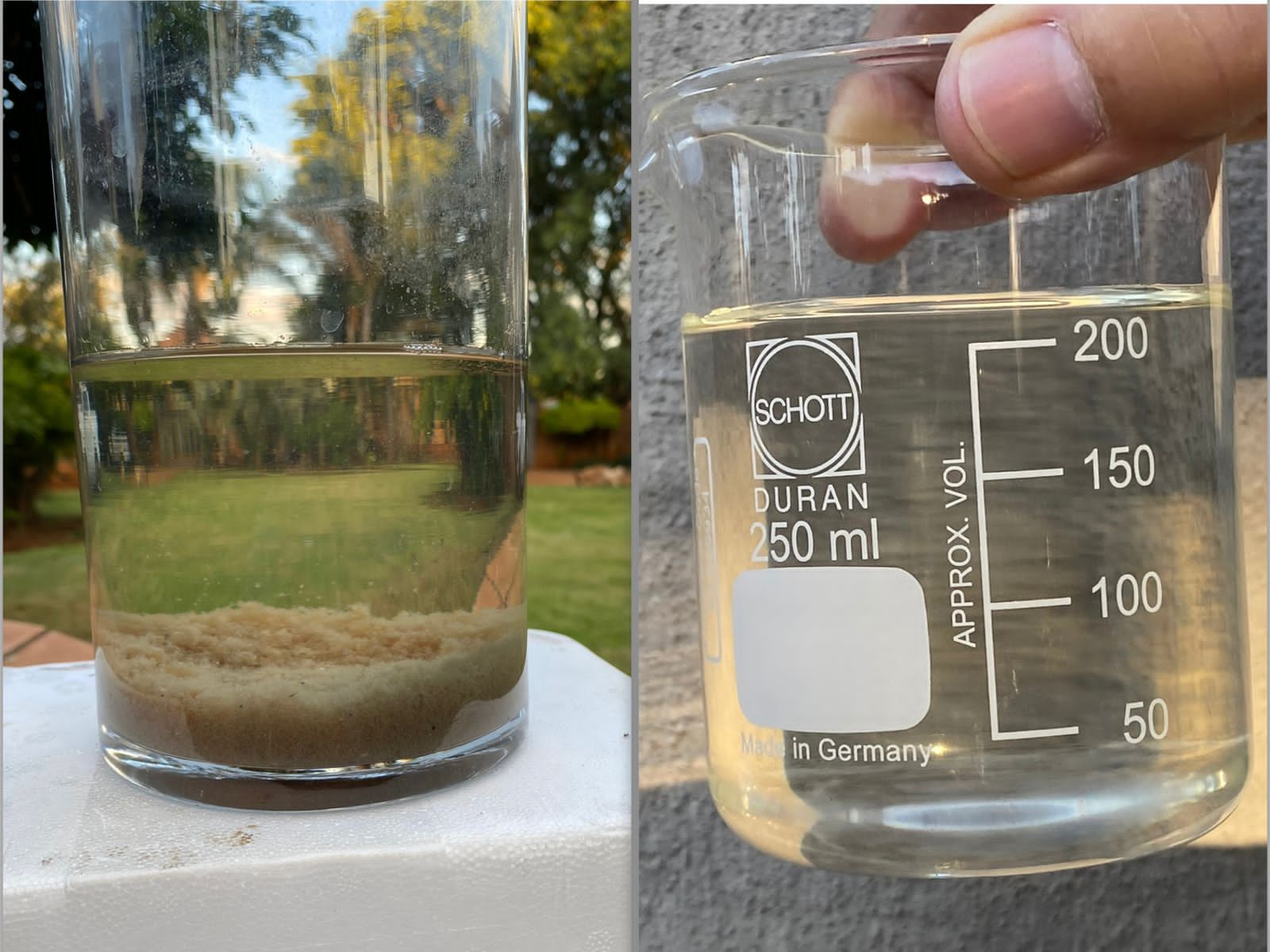 Dirty water being treated with Rubicon sachets