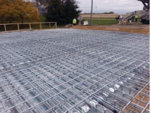 Galvanized rebar in place before the concrete pour