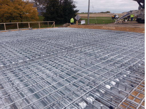 Galvanized rebar in place before the concrete pour