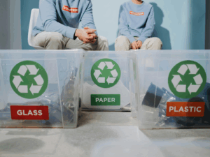 recycling waste into paper, glass and plastic