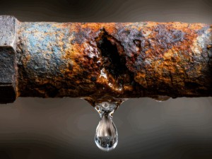 water leak from a corroded water pipe due to rust
