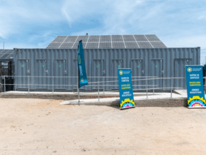 refurbished 12-metre shipping containers housing the full-flush toilets