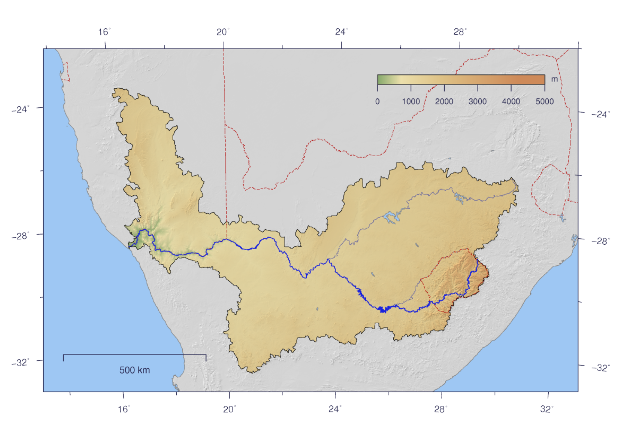 course and watershed of the Orange River with topography shading and political boundaries. (