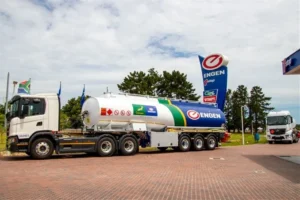 Engen garage with a fuel truck outside