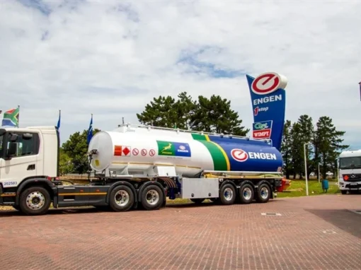 Engen garage with a fuel truck outside
