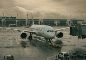 Airplane grounded in rainy weather