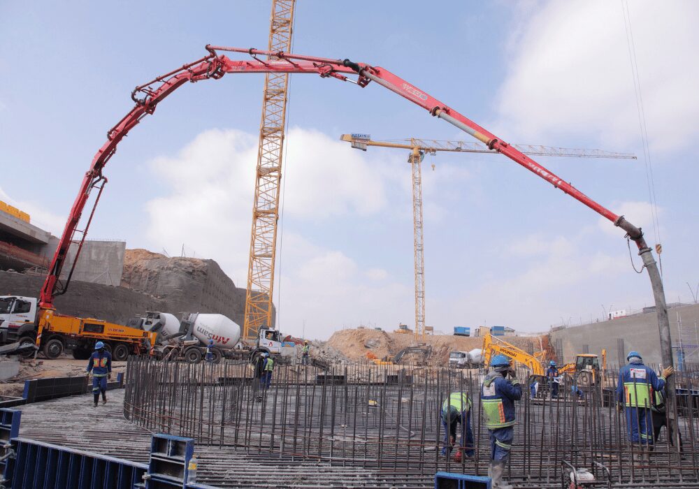 Building site with a large cement truck