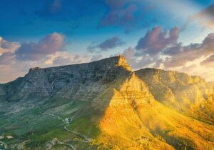 Drakensberg mountainside lit by sunlight