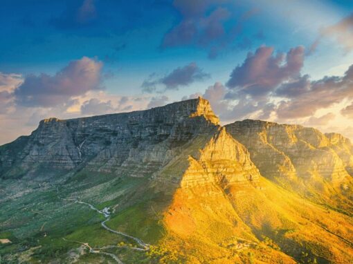 Drakensberg mountainside lit by sunlight