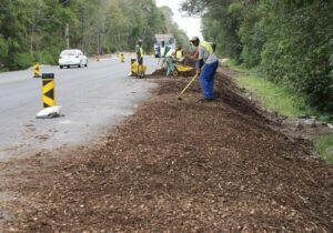 small contractor cleaning road mess