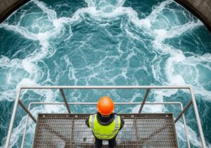 water governance as man stands over water system