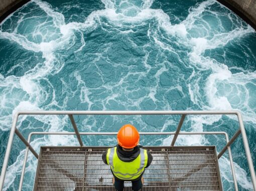water governance as man stands over water system