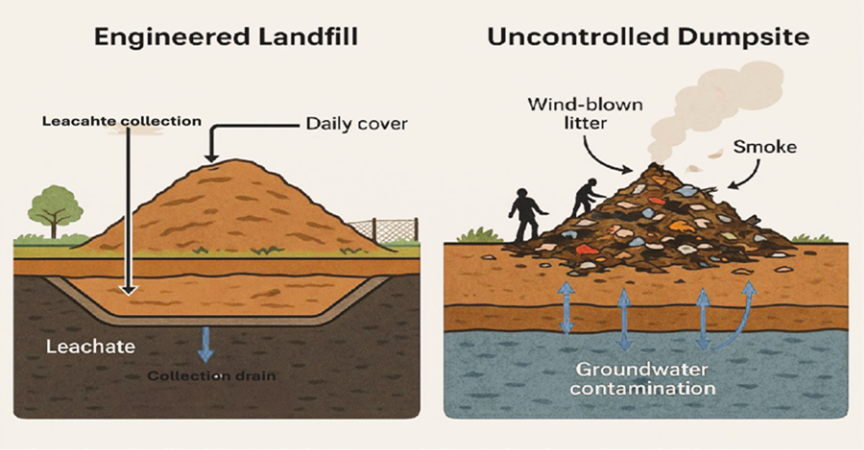 Comparison of an engineered sanitary landfill (regulated containment system) and an uncontrolled dumpsite (environmental hazard)