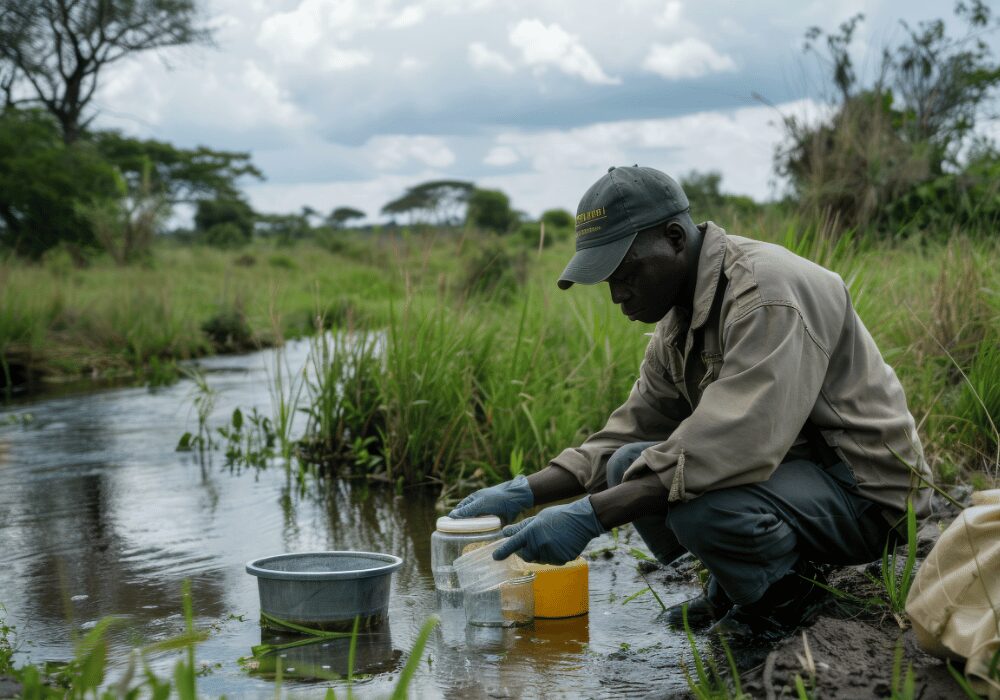man collecting water sample at a river bank