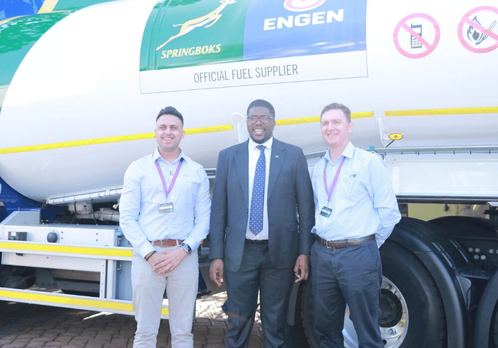 Engen Commercial General Manager Sharveen Maharaj with Deputy Minister of Transport Mkhuleko Hlengwa and Engen Lubricants General Manager Jason Heath