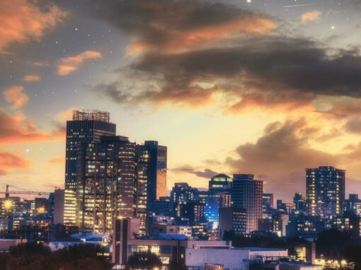 Johannesburg city centre at dusk with building lights on