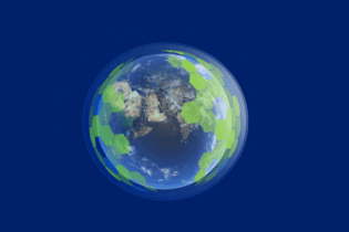 World Globe on solid blue background with green and blue honeycomb grid overlay