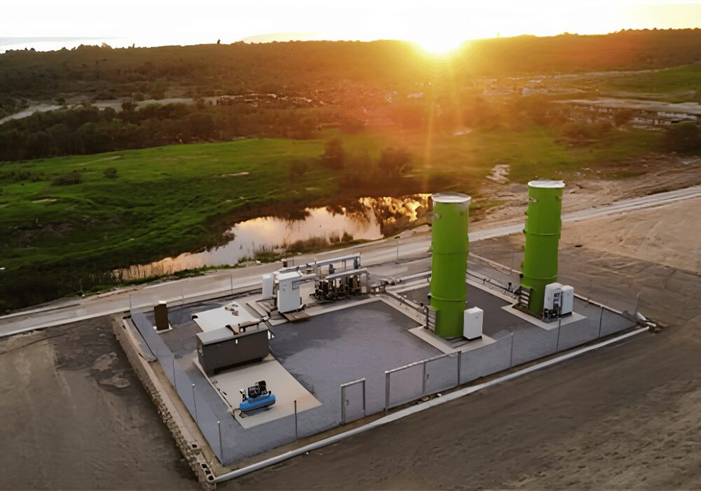 A landfill gas-to-energy facility harnessing methane emissions to generate clean, renewable electricity