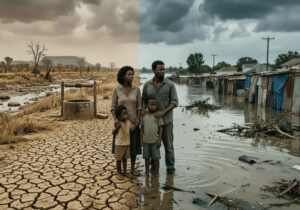 Drought and flood symbolic picture within village