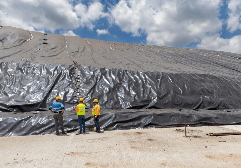 Temporary capping system for landfill with three engineers standing before the process