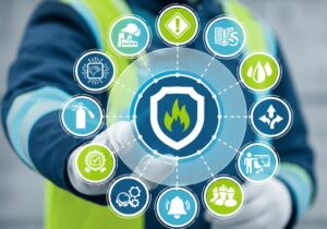 fire safety icons on a blue and green background
