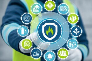 fire safety icons on a blue and green background