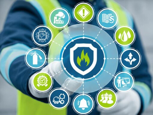 fire safety icons on a blue and green background