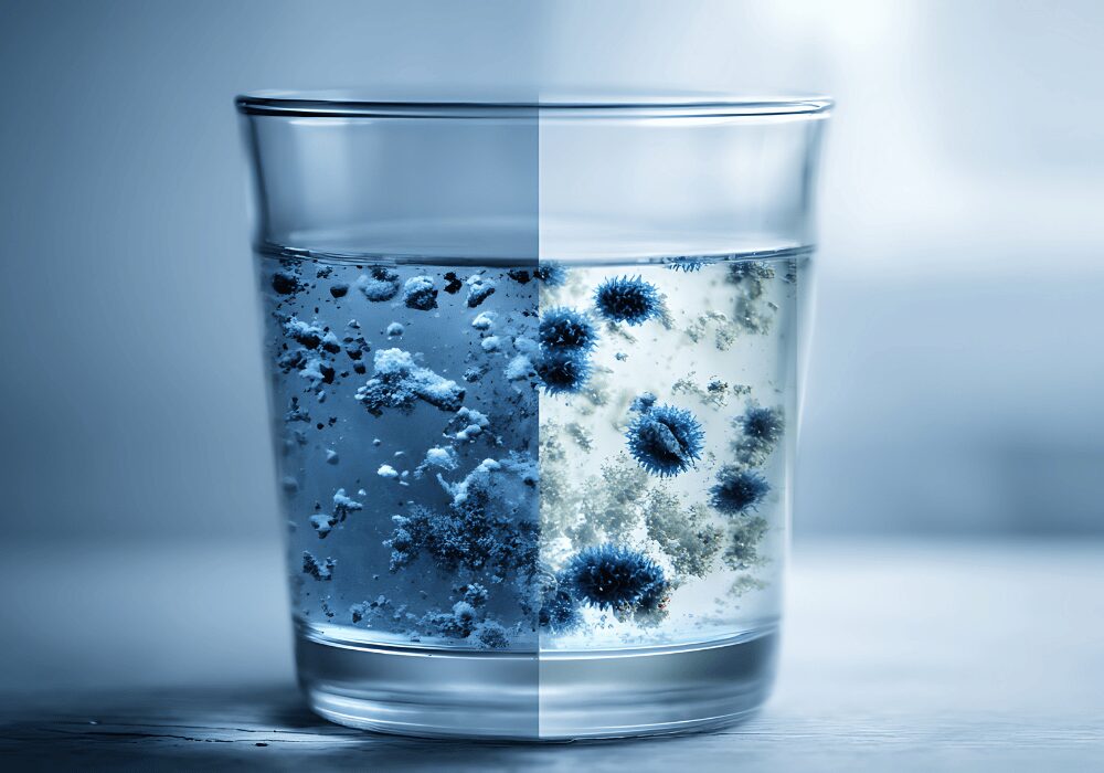 rendered image of water particles in a glass of water