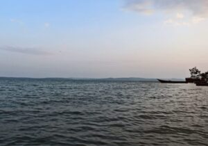 A lake with a distant shoreline