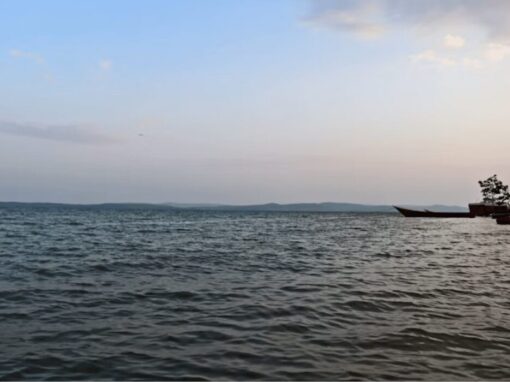 A lake with a distant shoreline