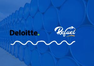 Deloitte and Refuel logos on a blue diesel fuel barrel background
