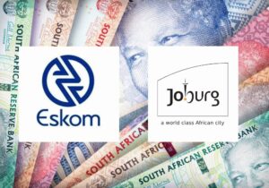 Eskom and City of Johannesburg logos on a south african rand background