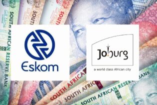 Eskom and City of Johannesburg logos on a south african rand background