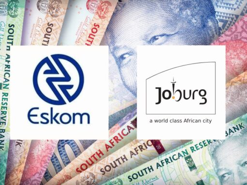 Eskom and City of Johannesburg logos on a south african rand background
