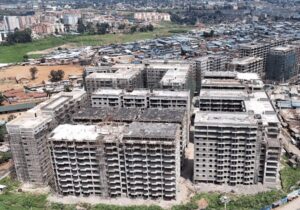 New apartment blocks rise where corrugated-iron structures once stood in Kibera, Nairobi