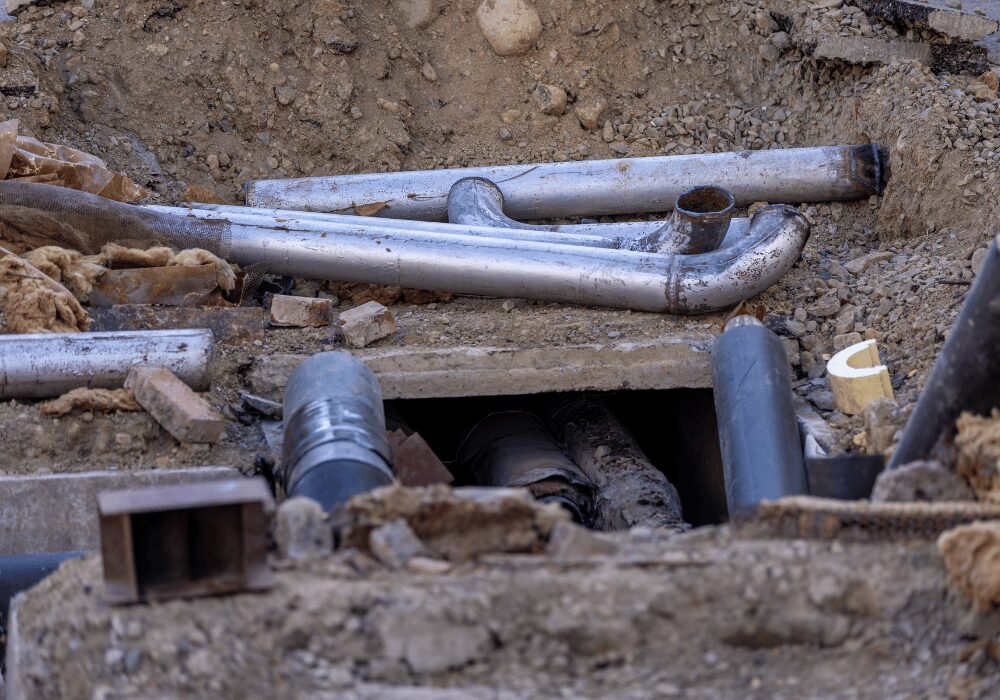 broken water pipes lying on open wastewater hole