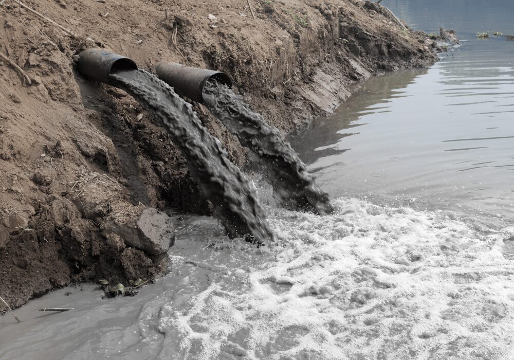 wastewater pouring out pipes in mud
